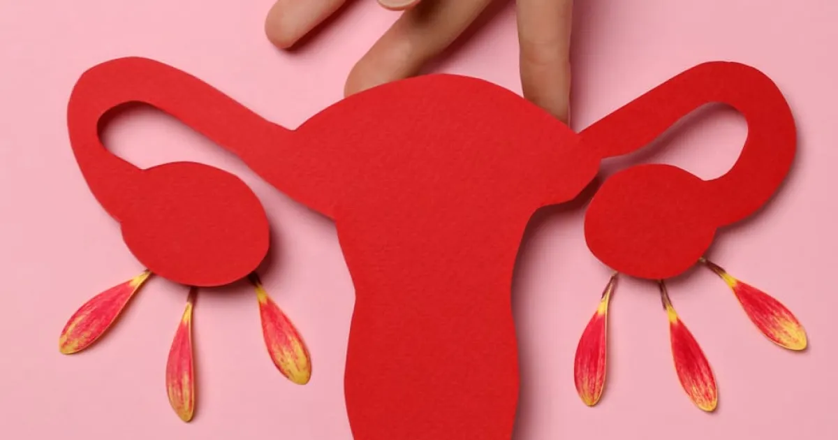 red paper uterus female hand pink background top view (1) (1)